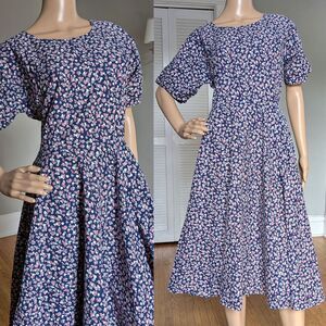 Vintage 90s J Jill Midi Dress Full Skirt Floral Prairie Loose Fit Oversized S